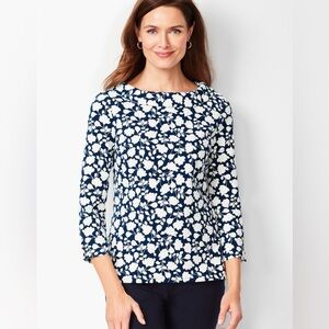 Talbots Navy and White Portrait Collar Floral 3/4 Sleeve Top